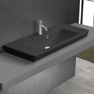 Bathroom Sink Drop In Sink in Matte Black Ceramic, Modern, Rectangular CeraStyle 068307-U/D